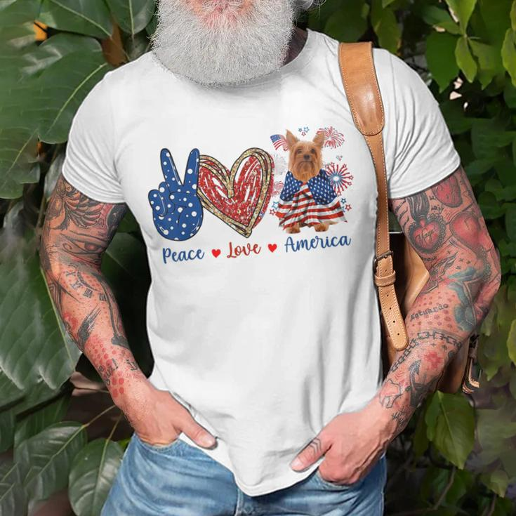Peace Love Silky Terrier Dog Patriotic America Flag 4Th July Unisex T-Shirt Gifts for Old Men