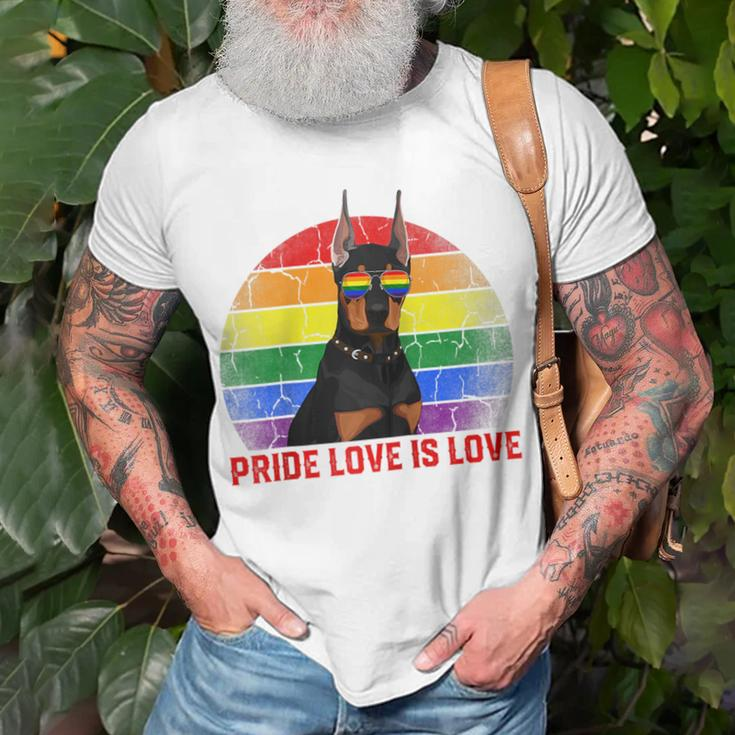 Retro Lgbt Pride Love Is Love Doberman Dog Unisex T-Shirt Gifts for Old Men