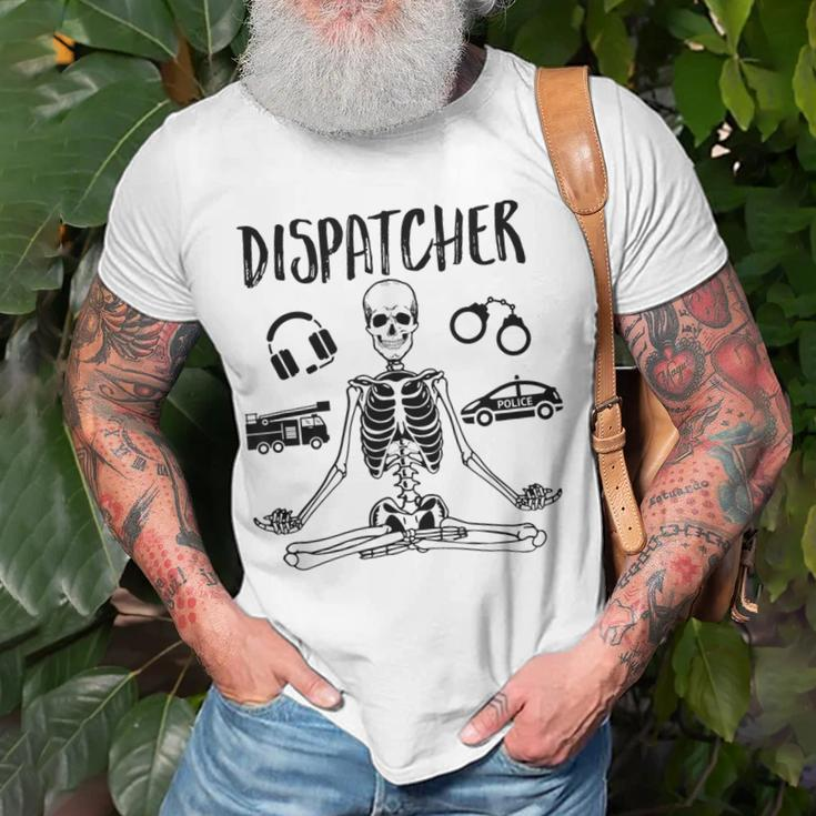 Spooky Dispatcher 911 Halloween Police Skeleton Meditating T-Shirt Gifts for Old Men