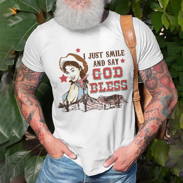 Western Country Cowgirl I Just Smile And Say God Bless Unisex T-Shirt Gifts for Old Men