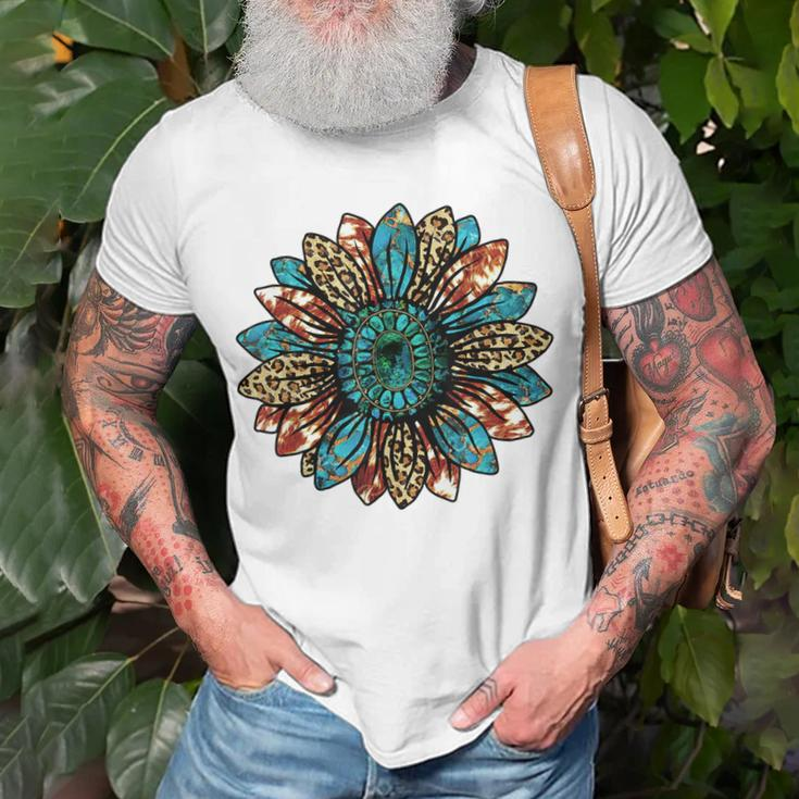 Western Country Texas Cowgirl Turquoise Cowhide Sunflower Unisex T-Shirt Gifts for Old Men