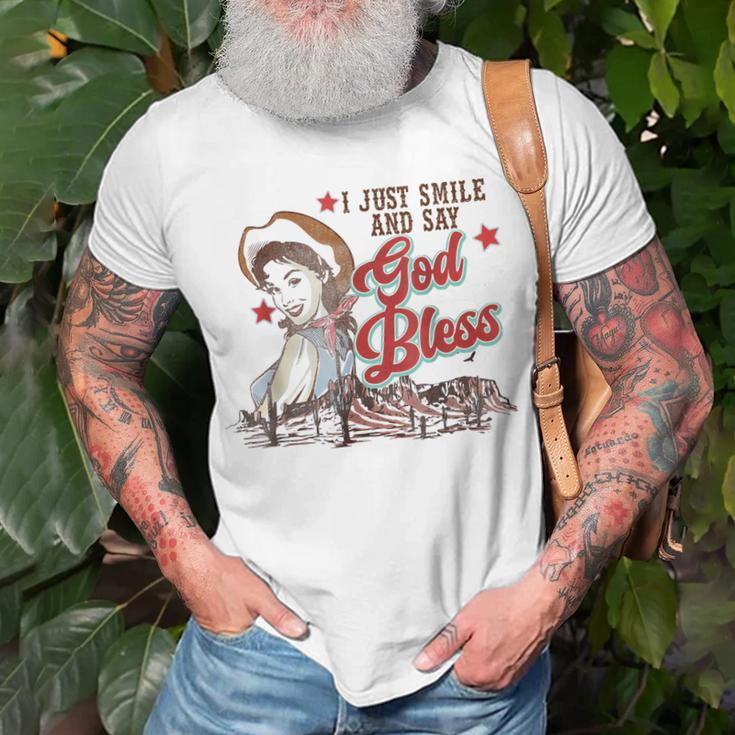 Western Cowgirl I Just Smile And Say God Bless Unisex T-Shirt Gifts for Old Men