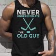Never Underestimate The Old Guy Ice Hockey Funny Fathers Day Gift For Mens Unisex Tank Top Gifts for Him