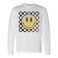 Retro Happy Face 70S Distressed Checkered Pattern Smile Face Long Sleeve T-Shirt Gifts ideas