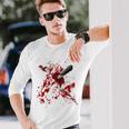 Horror Halloween Costume Knife Stab With Blood Splashes Halloween Costume Long Sleeve T-Shirt Gifts for Him
