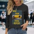 Punchy Graphics Wrap Train Punch Repeat Boxing Kickboxing Long Sleeve T-Shirt Gifts for Her