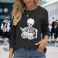 Skeleton Holding A Cat Lazy Halloween Costume Skull Long Sleeve T-Shirt Gifts for Her