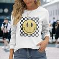 Retro Happy Face 70S Distressed Checkered Pattern Smile Face Long Sleeve T-Shirt Gifts for Her