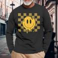 Cute Retro Happy Face Checkered Pattern Yellow Melting Face Long Sleeve T-Shirt Gifts for Old Men