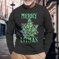 Merry Litmas Pot Leaf Christmas Tree Lights Marijuana Long Sleeve T-Shirt Gifts for Old Men