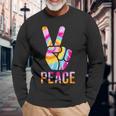 Retro 60’S 70’S Tie Dye Peace V Hand Sign Hippie Graphic Long Sleeve T-Shirt Gifts for Old Men