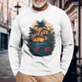 Cute Mountain Sunset Palm Trees Ocean Graphic Long Sleeve T-Shirt Gifts for Old Men