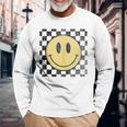 Retro Happy Face 70S Distressed Checkered Pattern Smile Face Long Sleeve T-Shirt Gifts for Old Men