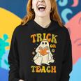 Trick Or Teach Groovy Halloween Retro Floral Ghost Teacher Women Hoodie Gifts for Her