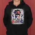 Funny 4Th Of July Just Here To Bang Messy Bun American Flag Women Hoodie