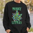 Merry Litmas Pot Leaf Christmas Tree Lights Marijuana Sweatshirt Gifts for Him