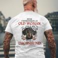 Never Underestimate An Old Woman With A Dachshund Mens Back Print T-shirt Gifts for Old Men