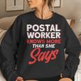 Womens Postal Worker Knows More Than She Says Mailman Postman Women Crewneck Graphic Sweatshirt Gifts for Her