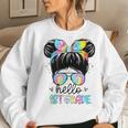 Kids Hello 1St Grade Messy Hair Bun Girl Back To School First Day Women Crewneck Graphic Sweatshirt Gifts for Her