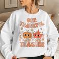 Retro One Thankful Teacher Pumpkin Fall Leaves Thanksgiving Women Sweatshirt Gifts for Her