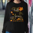 Fall For Jesus He Never Leaves Autumn Christian Prayers Women Sweatshirt Personalized Gifts