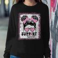 Support Squad Messy Hair Bun Girl Pink Warrior Breast Cancer Women Sweatshirt Funny Gifts