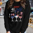 Red White Blue Wine Glass Usa Flag Happy 4Th Of July Women Long Sleeve T-shirt Gifts for Her