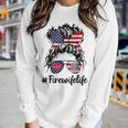 Happy July 4Th Firefighters Wife Life Messy Buns Flag Women Long Sleeve T-shirt Gifts for Her
