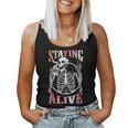 Staying Alive Skeleton Drinking Coffee Lover Halloween Women Tank Top