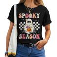 Groovy Spooky Season Retro Ghost Holding Pumpkin Halloween Women T-shirt