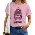 Survivor Messy Bun Pink Ribbon Breast Cancer Awareness Women T-shirt