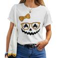 Jack O Lantern Face Leopard Glasses Halloween Pumpkin Women T-shirt