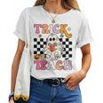 Trick Or Teach Groovy Halloween Retro Floral Ghost Teacher Women T-shirt