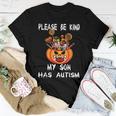 Pumpkin With Candy Halloween Be Kind My Son Has Autism Women T-shirt Unique Gifts