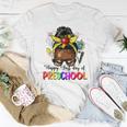 Happy First Day Of Preschool Afro Teacher Pre-K Messy Bun Women T-shirt Unique Gifts