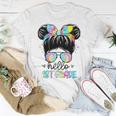 Kids Hello 1St Grade Messy Hair Bun Girl Back To School First Day Women T-shirt Funny Gifts