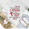 A Woman Covered The Blood Of Jesus And Was Born In July Women T-shirt Unique Gifts
