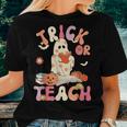 Groovy Halloween Trick Or Teach Retro Floral Ghost Teacher Women T-shirt Gifts for Her