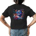 Cute Cat With Sunglasses Flowers & Butterflies Design Womens Back Print T-shirt