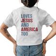 Loves Jesus And America Too Patriotic Christian 4Th Of July Womens Back Print T-shirt