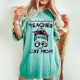 Kinda Busy Being A Teacher And Cat Mom Floral Messy Bun Women's Oversized Comfort T-shirt Chalky Mint