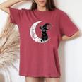 Moon Halloween Scary Black Cat Costume Witch Hat Women's Oversized Comfort T-shirt Crimson