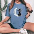 Moon Halloween Scary Black Cat Costume Witch Hat Women's Oversized Comfort T-shirt Blue Jean