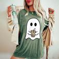 Retro Cute Little Ghost Ice Coffee Boo Happy Halloween Women's Oversized Comfort T-Shirt Moss