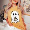 Retro Cute Little Ghost Ice Coffee Boo Happy Halloween Women's Oversized Comfort T-Shirt Mustard