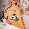 Shark Christmas Santa Hat Ugly Christmas Sweater Women's Oversized Comfort T-Shirt Mustard