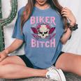 Biker Bitch Skull Motorcycle Wife Sexy Babe Chick Lady Rose Women's Oversized Comfort T-Shirt Blue Jean
