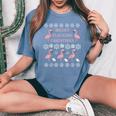 Flamingo Ugly Christmas Sweater Holiday Women's Oversized Comfort T-Shirt Blue Jean
