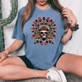 Screaming Skull In Native American Indian Headdress Feathers Native American Women's Oversized Comfort T-Shirt Blue Jean