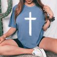 Small Cross Subtle Christian Minimalist Religious Faith Women's Oversized Comfort T-Shirt Blue Jean